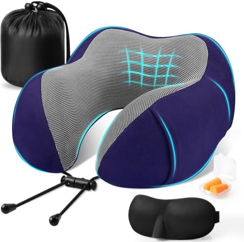 CloudBliss Neck Pillow for Airplanes, Memory Foam Travel Pillow, Navy