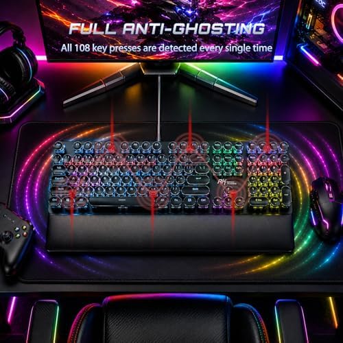 RK ROYAL KLUDGE S108 Typewriter Mechanical Keyboard, Wired Gaming Keyboard with Number Pad, Full Size Retro Keyboards w/Detachable Wrist Rest for Mac/Win/PC, Clicky Blue Switch, Rainbow Backlit Black