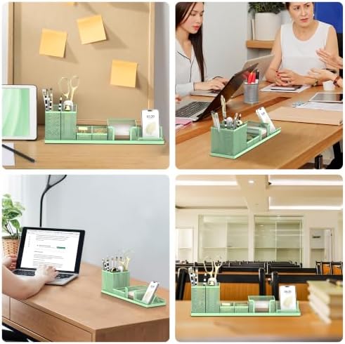 Pen Holder for Desk, 6-Piece Mesh Desk Organizer with Phone Holder, Green