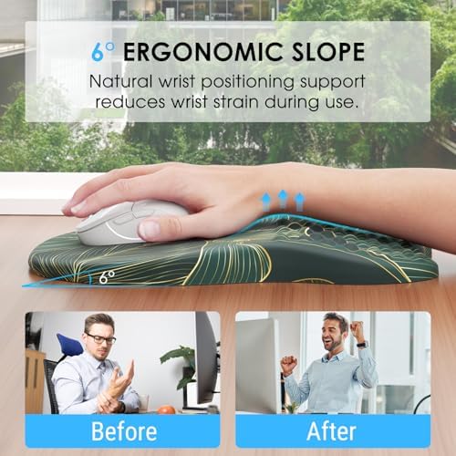 MROCO Ergonomic Mouse Pad with Wrist Support, 11.8 x 7.8 in, Green Leaves