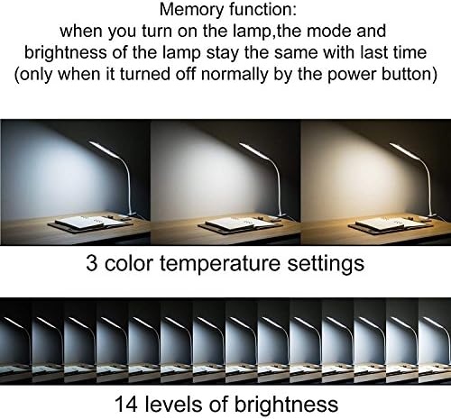 LED Desk Lamp Dimmable Eye-Caring Table Lamp Reading Light Office Light Adjustable 3 Color Modes,14 Brightness Levels, Gooseneck Flexible Clip-on Light for Studying, 5W-White