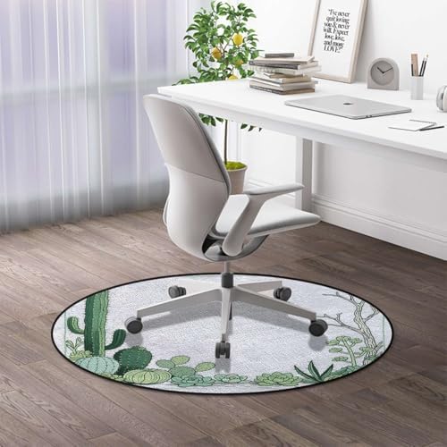 Cactus Succulent Anti-Slip Gaming & Office Chair Mat for Hardwood Floors, Line Art Style Desk Chair Floor Protector,Protect The Floor from Scratches Green White Diameter 47.2 in