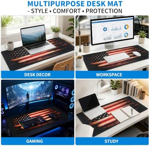 Extended American Flag Desk Mat, XXL Large Gaming Mouse Pad, Vintage Retro Style Stitched Edges Waterproof with Non-Slip Rubber Base for Computer Keyboard Laptop Work Home Office 35.4"x15.7"