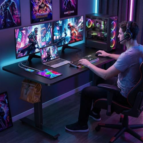 farexon arexon Electric Standing Desk 63 x 24In with Power Outlets, Rolling Stand up Desk with Oversized Mouse Pad, 2 USB Ports & 3 Power Outlets, 4 Casters, 4 Preset Heights Easy to Set（Black