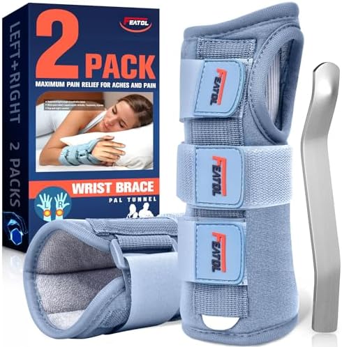 FEATOL 2 Pack Wrist Brace for Carpal Tunnel Relief, Adjustable Wrist Support Brace with Metal Splints Both Hands , Hand Support for Arthritis, Tendonitis, Sprain, Injuries, Wrist Pain, Right and Left (2 Pack (R and L)-Gray, Medium/Large (Pack of 1))