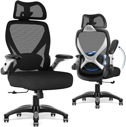 GABRYLLY Ergonomic Office Chair with Headrest, High Back Desk Chair with Flip-Up Arms, Adjustable Lumbar Support, Padded Cushion Computer Chair with 3-Stage Tilt Lock for Home Office Gaming Study