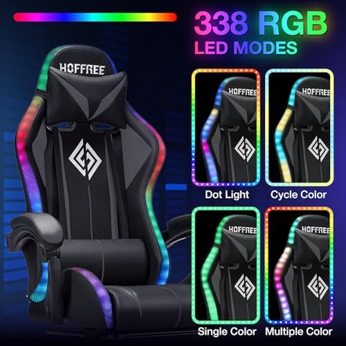 RGB Gaming Chair with Bluetooth Speakers and LED Lights Computer Chair-Grey