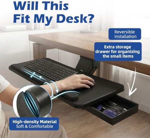 Under Desk 25” Keyboard Tray with Drawer, Height Adjustable for Home Office