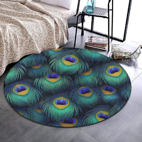 Large Home Decor Mat, Soft Round Yoga Carpet, Non Slip Machine Washable Home Office Circle Rug Peacock Feathers