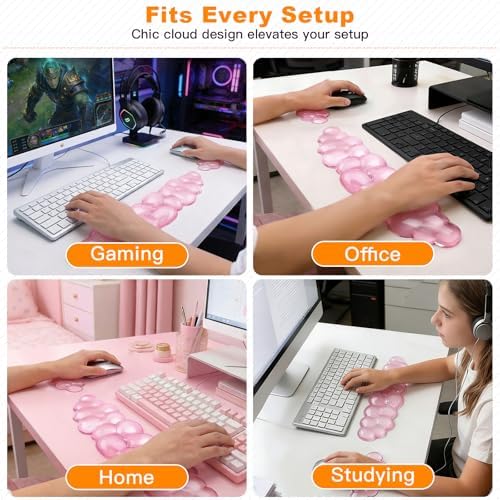 Cloud Keyboard and Mouse Wrist Rest Set, Clear Gel Keyboard Mouse Wrist Rest Support Pad for Typing Pain Relief, Cute Aesthetic Desk Decor Accessory for Home Office Dorm(Pink)