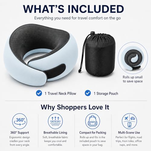 Travel Neck Pillow for Airplanes, Pure Memory Foam Neck Pillow with Washable Cover and Storage Bag, Ergonomic 360° Support for Sleeping, Car, Office, Home, Light Blue