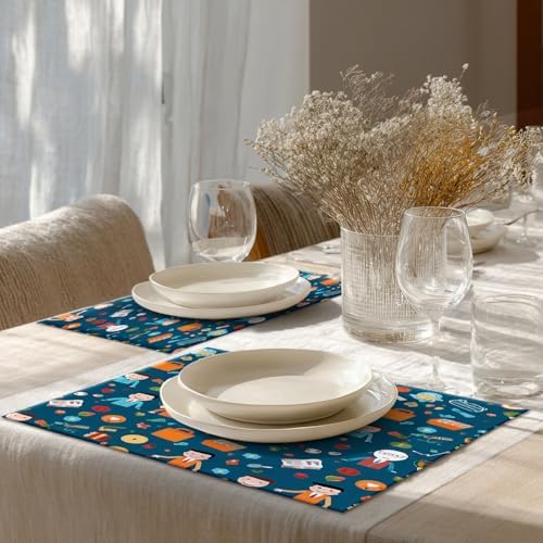 Shrahala Businessmen Items Work Set of 8 12 X 18 Inch Linen Placemats, Professional Office Illustration Burlap Table Mat Washable Double Layered Heat Insulation for Indoor/Outdoor