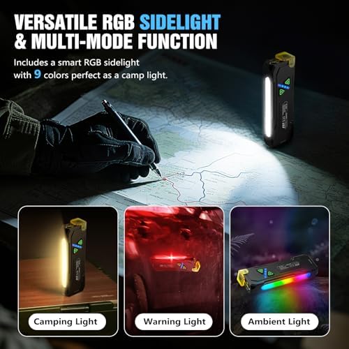EDC Rechargeable Flat Flashlight 1000 Lumens White LED/UV/RGB Ambient Signaling Flashlights, Magnetic Clip on Pocket Light for Outdoors, Emergency, Working (1, Black, Compact)