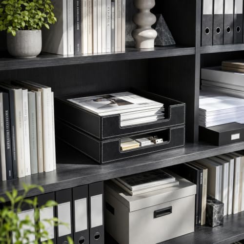 Black Leather Letter Tray, Desk Leather Organizer Tray for A4 Paper, Office Desktop Letter-Size Holder for File, Document, Mail & Magazine