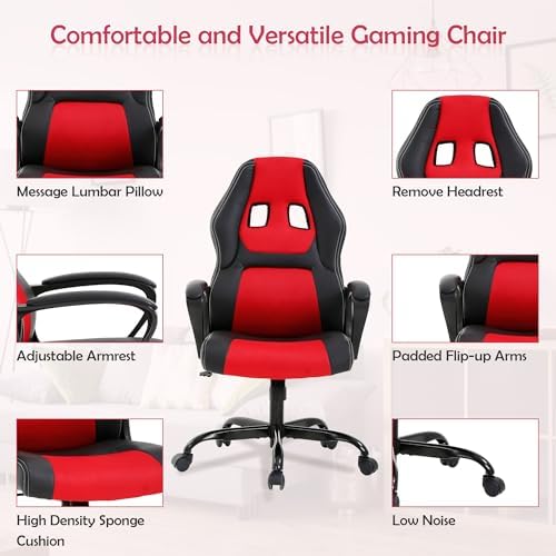 Red Massage Gaming Chair for Kids, Ergonomic Office Chair Computer Chair with Adjustable High Back & Armrest, PU Leather Gamer Chair with 360°Swivel, Heavy Duty Gaming Chairs for Adults, Teens