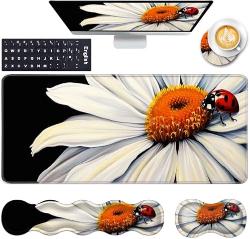 Keyboard Wrist Rest and Mouse Pad with Wrist Support Set Ergonomic Coaster,Memory Foam,Easy Typing Pain Relief,Large XL Desk Mat 31.5"x 11.8",Ladybug on Daisy Flower