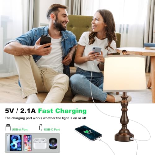 Brown Table Lamps Set of 2, Brown Lamps for Bedroom, USB C+A Ports