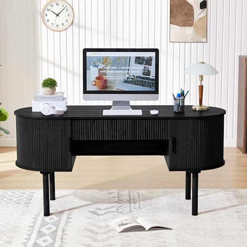 ORRD Home Office Oval Desk with Sliding Tambour Door and Drawer, Modern Fluted Wood Executive Computer Storage Desk for Study, Living Room, Bedroom, Office - Black
