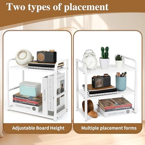 Desktop Shelf Organizer Office Desk Shelf for Top of Desk Wood & Metal Bookshelf Supplies Storage Rack (White)