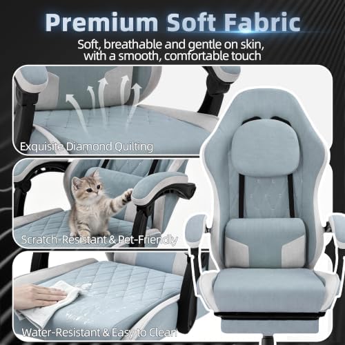 Gaming Chair for Adults, Fabric Gaming Chair with Footrest and Pocket Spring Cushion, Ergonomic Gamer Chair with Lumbar Support, Reclining Computer Gaming Chair with High Back, Blue