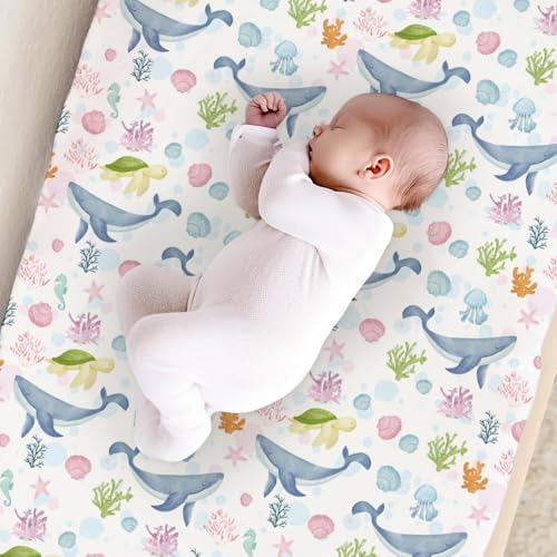 Colorful Sea Animals Whales Sea Turtle Starfish Seashells Baby Changing Pad Cover,Unisex Ocean Nursery Diaper Changing Table Pad Mat Sheet for Boys Girls-16x32