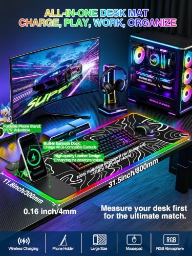 RGB Mouse Pad with Foldable Phone Stand Wireless Charger, 31.5"x11.8" XL Gaming Mousepad Large Desk Mat, Desk Pad with 11 Colors 5 Modes, Waterproof