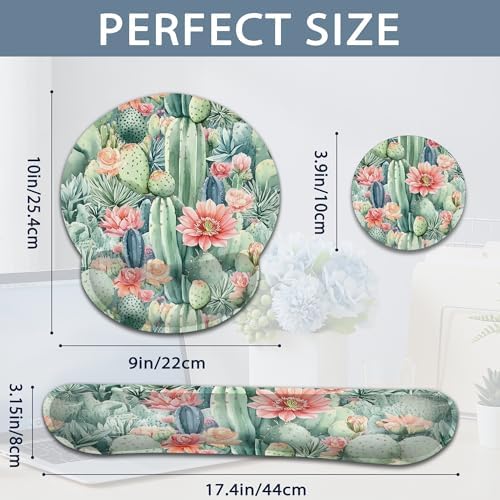 Ergonomic Keyboard and Mouse Wrist Rest Set, Cactus Flower Succulent Plant Mouse Pad with Non Slip Base, Soft Cloth Surface for Office and Home Typing Support