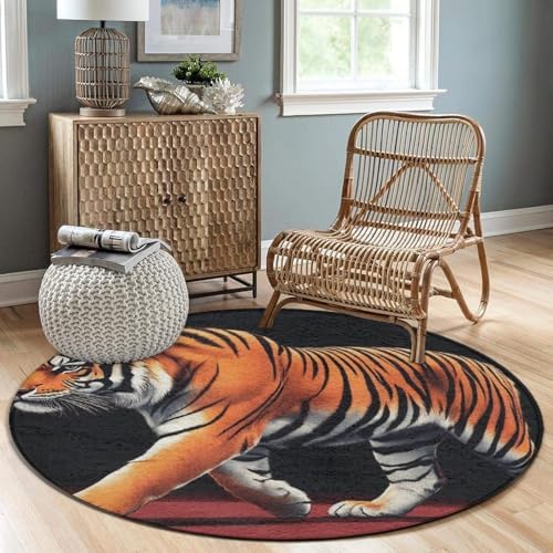 Large Home Decor Mat, Soft Round Yoga Carpet, Non Slip Machine Washable Home Office Circle Rug Animal Print Tigers