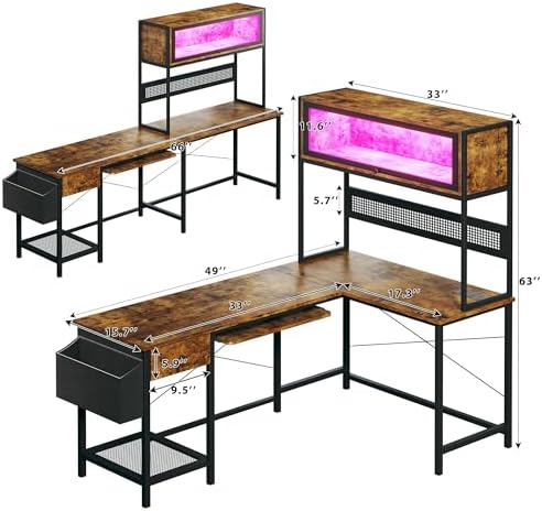 L Shaped Gaming Desk with Power Outlets & LED Lights, 49'' Reversible Computer Desk with Hutch & Pegboard & Display Cabinet, Corner Home Office Desk with Drawer & Keyboard Tray & Storage Bag, Rustic