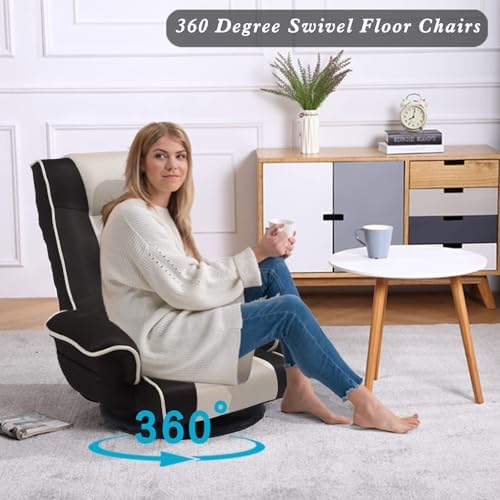 360° Swivel Floor Chair with Armrests, 14-Position Adjustable Floor Lounger for Adults, Foldable Reclining Chair for Living Room & Bedroom