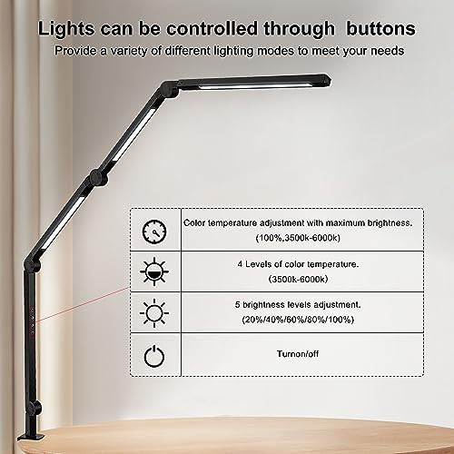 LED Desk Lamp with Clamp & Flexible Arm - 3 Light Sources, 4 Color Modes & 5 Brightness Levels, Eye-Caring Table Light with Memory Function