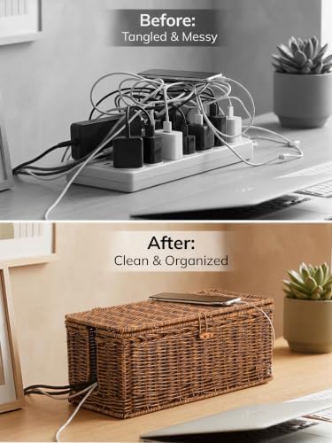 BROWNLILY Cable Management Box, Rattan Style Cord Organizer for Desk Cord Hider Outlet Covers for Power Strip Router Charger Under Desk Storage with Lockable Lid & Cable Ties(Braided Edging,Brown,Set)