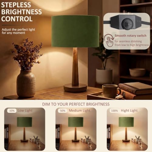 18.5" Modern Dimmable Walnut Wood Table Lamp with Velvet Shade, Green