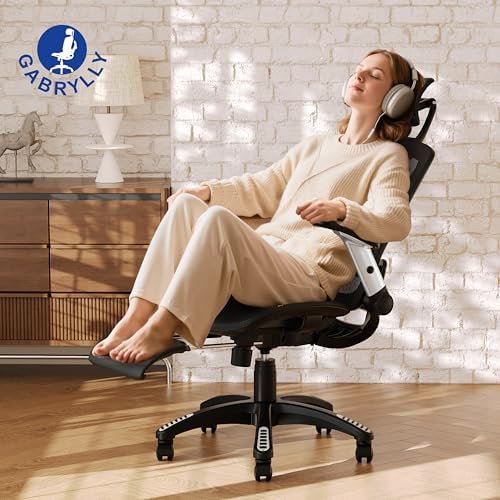 GABRYLLY Ergonomic Office Chair, High Back Home Desk Chair with Footrest,3D Headrest, Flip-Up Arms, 135° Tilt and Wide Cushion, Heavy Duty Mesh Chairs for Task Computer Gaming, Black