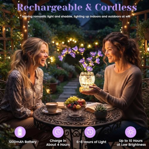 Lily Flower Lamps, Rechargeable Cordless Small Desk Lamp, 3 Colors Dimmable Artificial Flowers Night Light, Fake Bouquet 3 Lilies with Crystal Vase for Home Date Party Decoration (Purple - May Bells)