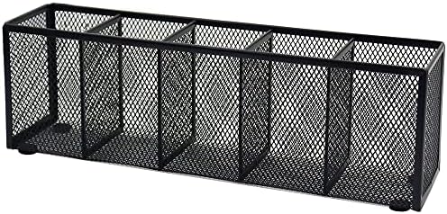 Black Mesh Pen Pencil Holder, Small Metal Desk Organizer Desktop Stationery Office Supplies Acessories Storage Stand, 5 Compartments Brushes Holder for Home School Classroom Teachers
