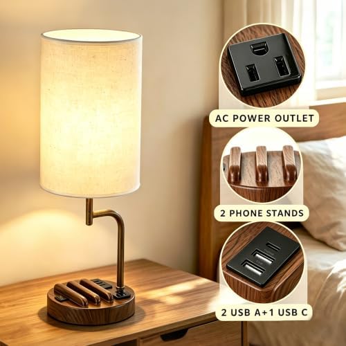 Dreamholder 2 Pack Table Lamp, Bedside Lamp with 3 USB Charging Ports & AC Outlet, USB Desk Lamp with 2 Phone Holders, Linen Fabric Shade Nightstand Lamps for Bedroom Living Room Office, Walnut