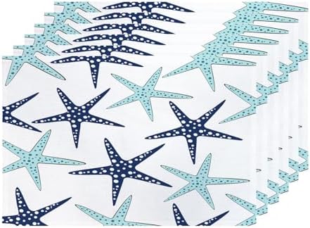 Shrahala Nautical Navy Blue Coastal Set of 6 12 X 18 Inch Linen Placemats, Navy Blue Coastal Nautical Starfish Repeat Burlap Table Mat Washable Double Layered Heat Insulation for Indoor/Outdoor