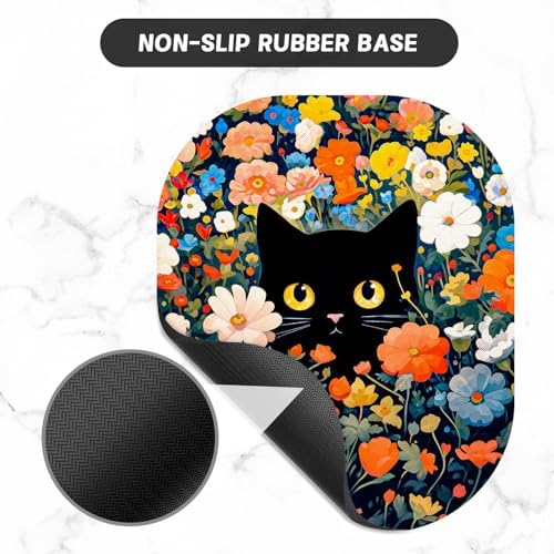 Small Mouse Pad, 6 x 7 Inch, Oval Mini Mouse Pad with Non-Slip Rubber Base for Laptop Wireless Mouse Keyboard Tray Mousepad, Cute Black Cat