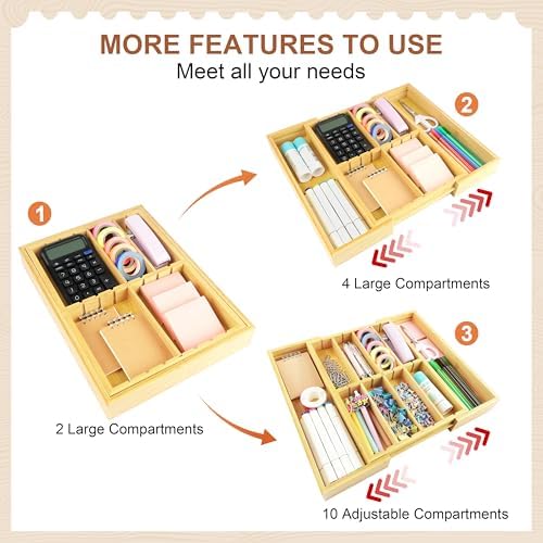 TREWAVE Bamboo Desk Drawer Organizer, Expandable Drawer Organizer Tray