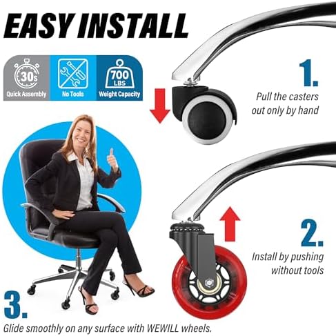 WEWILL Office Chair Wheels - Rubber Casters Replacement Universal Fit 98% Chair(Set of 5) Heavy Duty 3 Inch Smoothly & Quietly Safe for All Floor, Hardwood, Tile, Carpet, Noise Free - Red