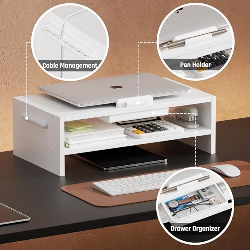 AFOOYO Adjustable Wood Laptop Stand, Ergonomic Height Angles Computer Holder Riser for Desk Compatible with Air, Pro, Dell, HP, Lenovo More 10-17.3" Laptops, White