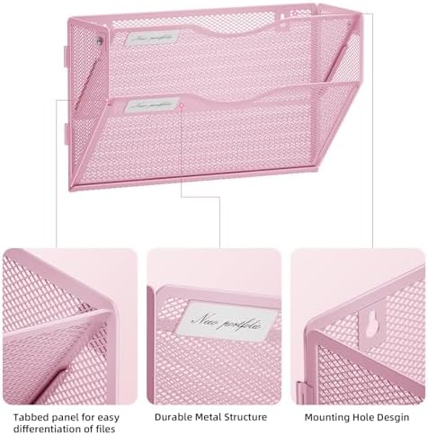 Marbrasse Wall File Holder 2-Tier Hanging Wall File Organizer, Mesh Mail Holder for Papers, Wall Mount File Clipboard & Magazine Organizer Great for Office Home - 2P(Pink)