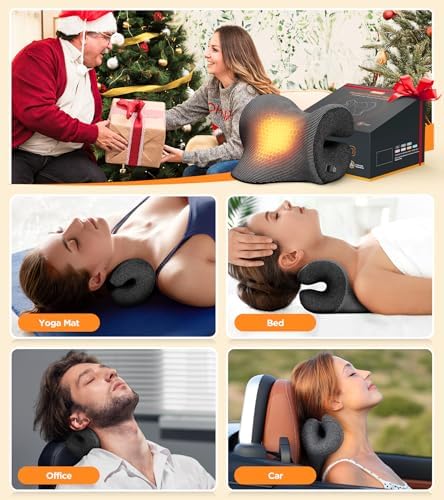 Deep Heated Neck Stretcher with Graphene Heating Pad, Odorless Neck Cloud Cervical Traction Device for Pain Relief, Chiropractic Pillow for Neck & Shoulder Comfort, Gift for Women, Men (Orange)