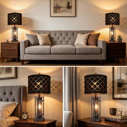 WIHTU 27'' Modern Table Lamp with Nightlight, Metal Bedside Lamps,Black ORB