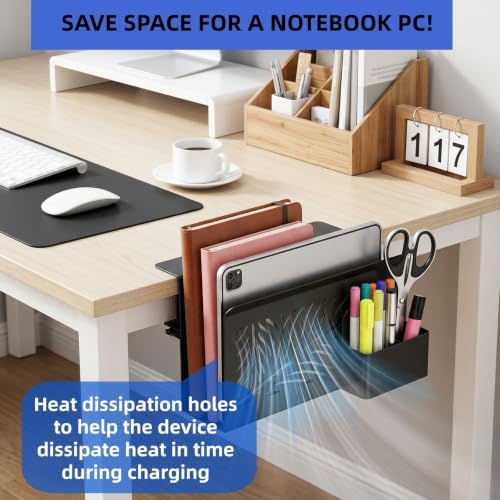 AVLA Desk Side Storage Organizer, 2 Tier No Drill Under Desk Laptop Holder, Steel Clamp On Desk Shelf With Magnetic Pen Box, Hanging Mount File Holder for Office, Fits Flat Table Edge 0.4" to 2"