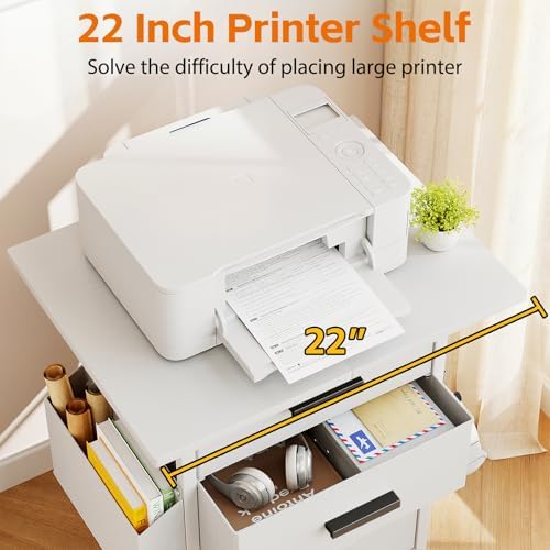 Mexin 3 Drawer File Cabinet with 22'' Extended Desktop, Mobile Filing Cabinet, Printer Stand, Rolling Printer Stand with Side Bag, Fabric Drawer, Fits A4 Size, Home Office, White