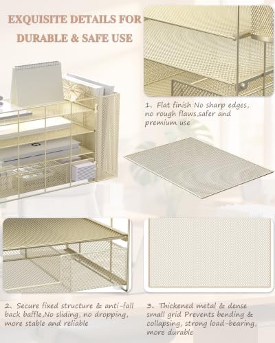 WALI Desk File Organizer, 4 Tier Desktop Paper Letter Tray Organizer with Drawer and 2 Pen Holders, Office Desk Accessories & Workspace Organizers for Office, Home, School Supplies, 1 Pack, Gold