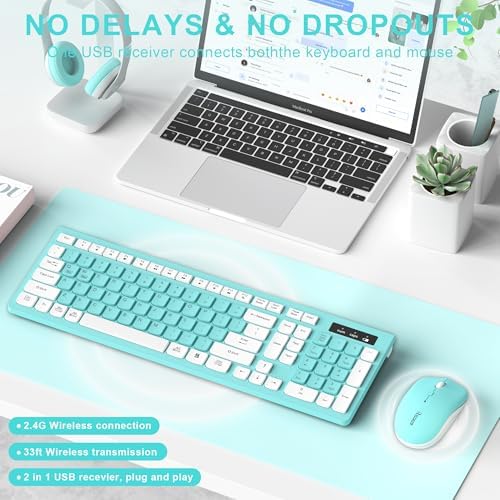 Wireless Keyboard and Mouse Combo Silent for Office and Home(Turquoise)