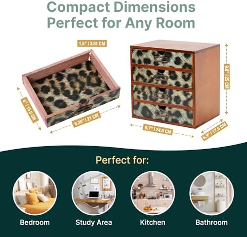 Classic Leopard Print Wooden Desk Organizer - 4-Drawer Desktop Storage - Rustic Wood Cabinet for Office Supplies, Craft Tools, & Home Organization - Luxurious Drawer Unit